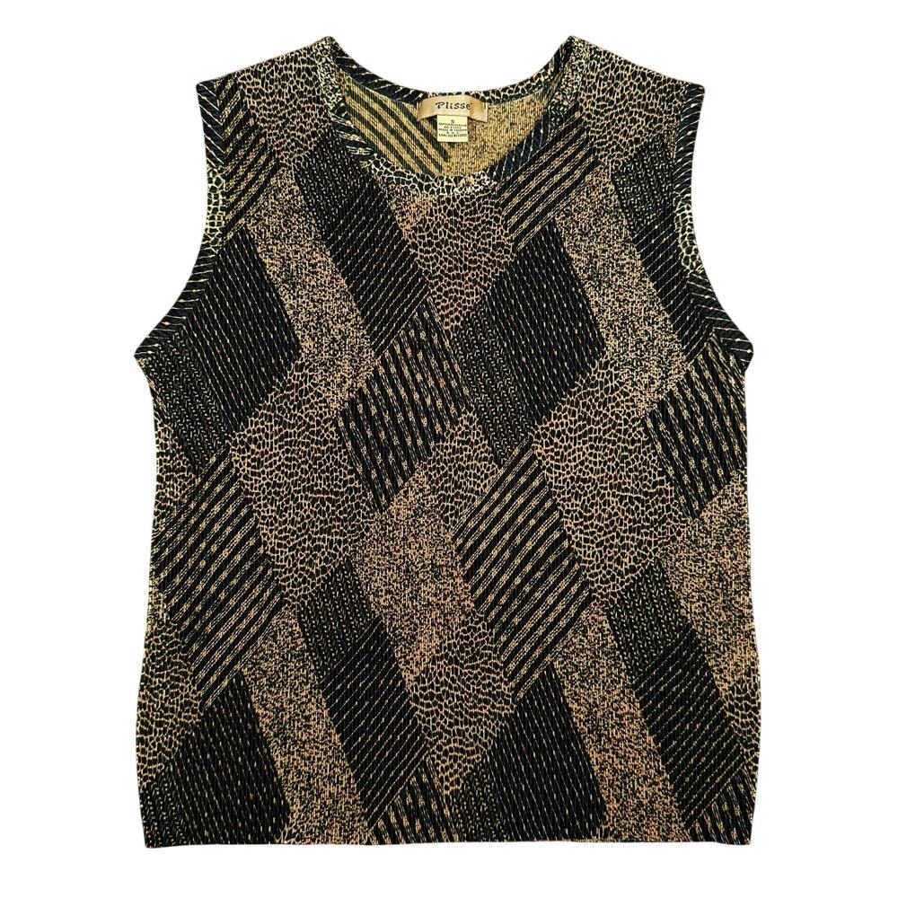 90s Ribbed Block Patterned Animal Print Black and Gold Tank Women's Size S